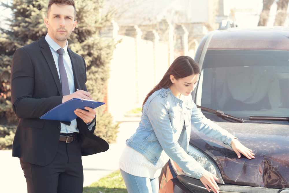 A car accident lawyer with a clipboard talks to a client leaning on a damaged car after an auto accident.