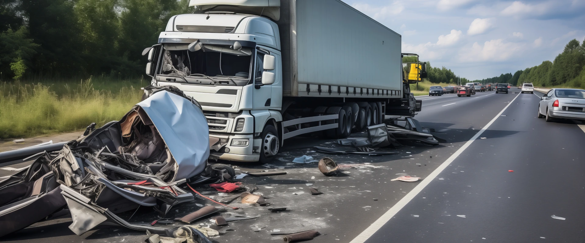 A severe truck accident on a highway involving a semi-truck and a passenger vehicle, illustrating the need for the best truck accident attorney near me.